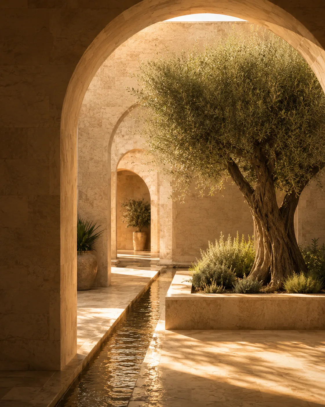 A mature olive tree framed by warm stone arches beside a narrow water channel.